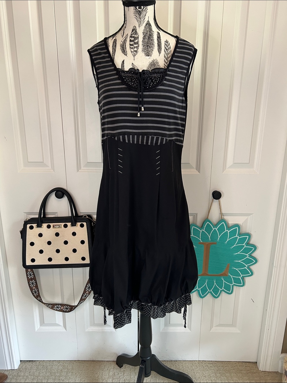 🖤 TRICOTTO Avant-Garde Striped Mixed Media Balloon Dress - Size M